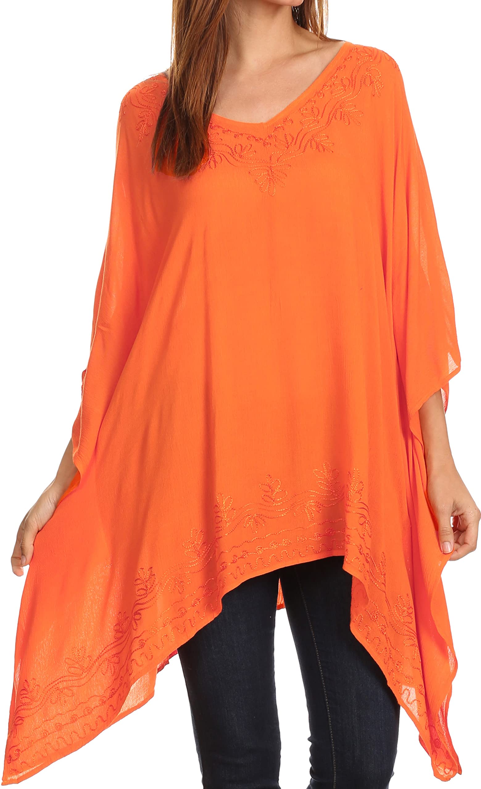 Sakkas Women's Orange K2022s - Wren Lightweight Circle Poncho Top Blouse With Detailed Embroidery - Os