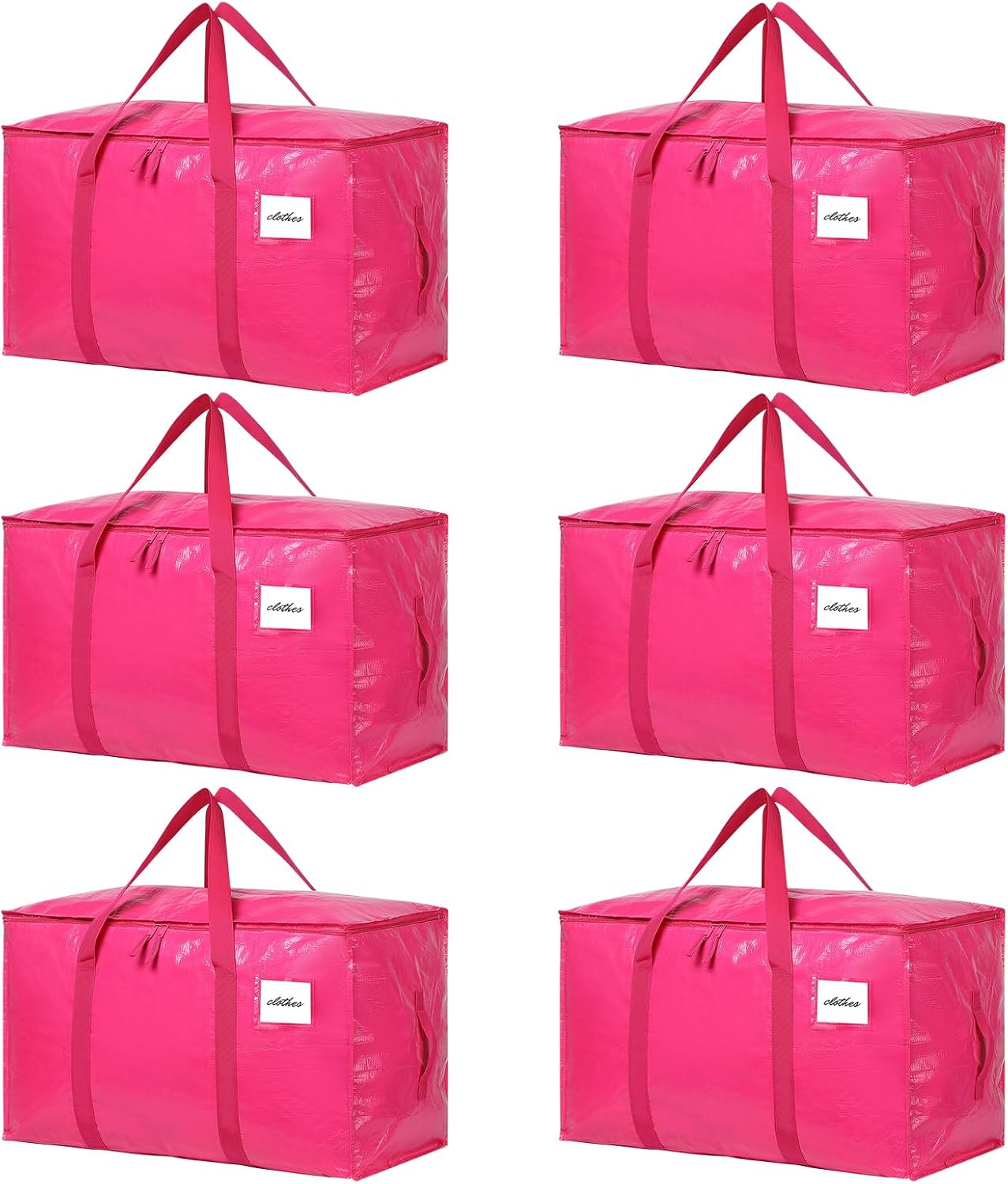 6 Pack Extra Large Moving Bags, 93L Heavy Duty Storage Totes with Reinforced Handles, Strong Zippers, Water-Resistant Foldable Packing Bags for Clothes and Bedding, Rose Pink