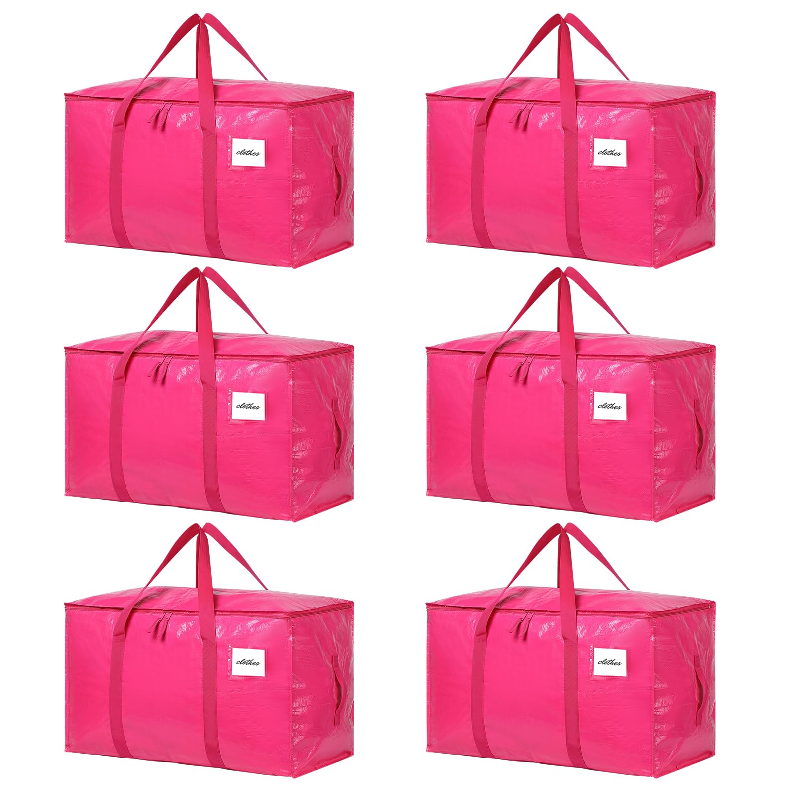 6 pack extra large moving bags, 93l heavy duty storage totes with reinforced handles, strong zippers, water-resistant foldable packing bags for clothes and bedding, rose pink