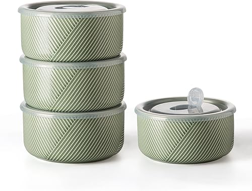 Miniatura 17 de Cuencos de cerámica con tapas: recipientes de almacenamiento de alimentos aptos para microondas de 20 onzas para sopa, ensalada, cereales, sobras