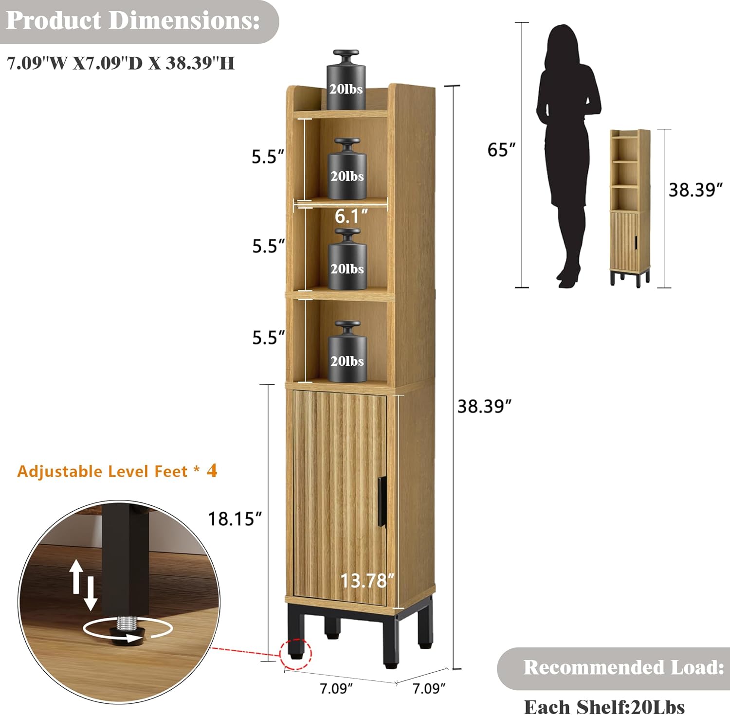 FerniTry Narrow Bathroom Storage Cabinet, Corner Toilet Paper Floor Cabinet 5 Tiers with Door and Shelves,Bathroom Organizer with Adjustable Shelf, for Small Spaces (Oak) 5-Tier Oak