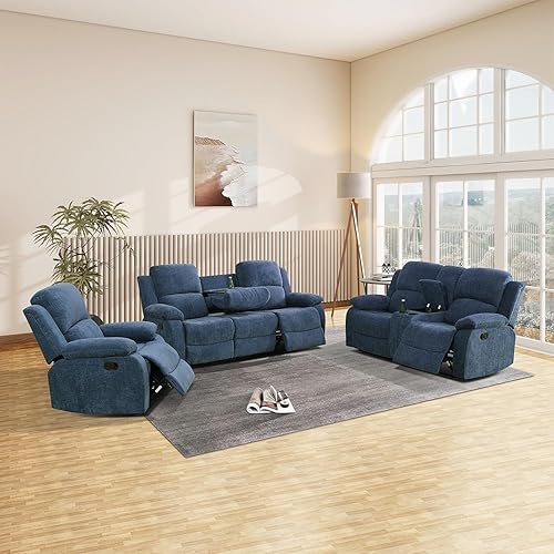 Miniatura 23 de Juego de sofá reclinable de microfibra de lino gris, 3 piezas (sofá+sofá biplaza+silla), marco de madera, cuero/microfibra/pana, 82 x 40 x 40 Gris