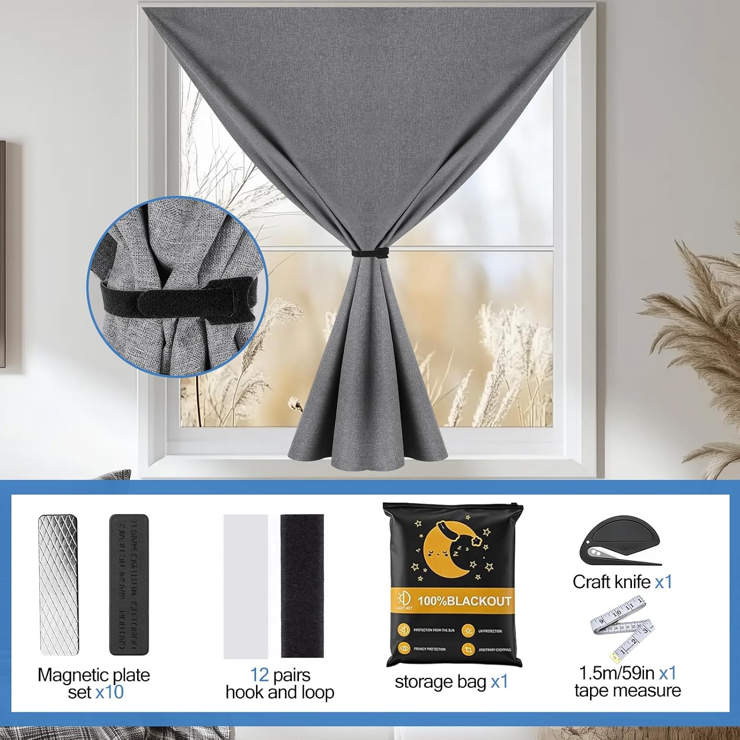 100% Magnetic Blackout Curtains for Bedroom, Cotton Black Out Window Cover, No Drill Sticky Blackout Shades for Travel, Portable DIY Window Blinds for Nursery, Media Room, RV, Skylight Dorm 79x59 in