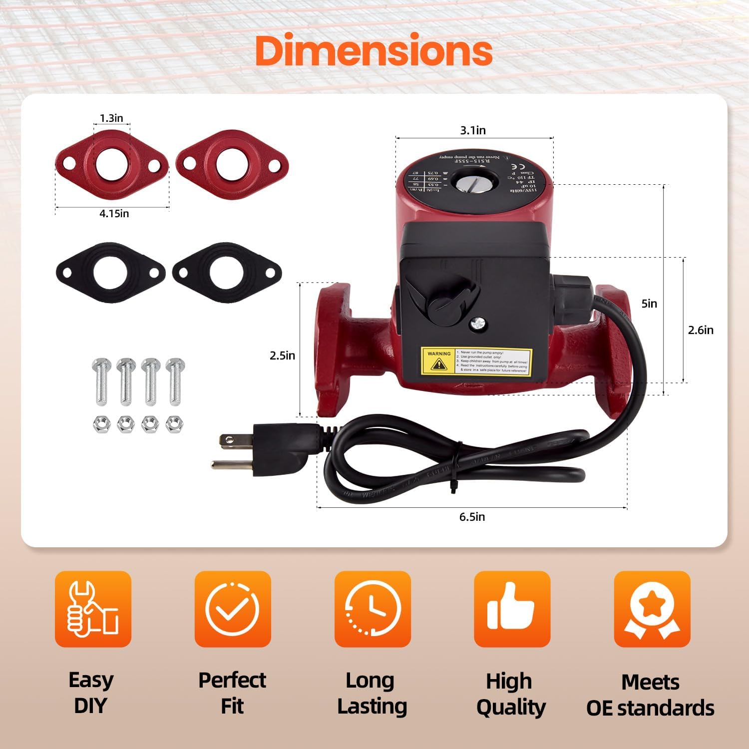 UPS15-55SFC Stainless Steel Water Circulator Pump 59896773, 3-Speed 1/12HP 115V 60Hz High-Efficiency Water Recirculating Pump for Hydronic, Radiant Floor & Domestic Hot Water Systems