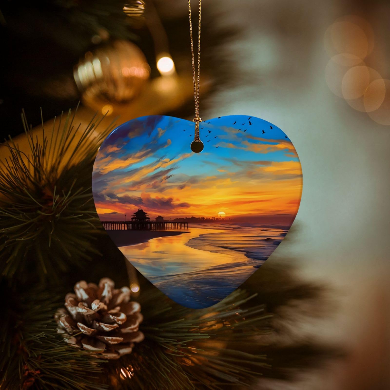 Christmas Tree Ornaments Ceramics Christmas Decorations Blue Dusk Gold Sunset Ornaments with Gold Ribbon Porcelain Xmas Tree Crafts Heart Shape Hanging Pendant for Christmas Tree Party Decor