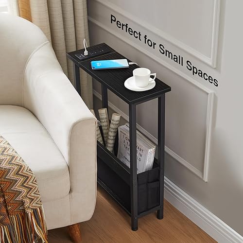 Miniatura 13 de Mesa auxiliar de carga delgada con almacenamiento, para espacios pequeños y dormitorio Marrón (Rustic Brown),Negro