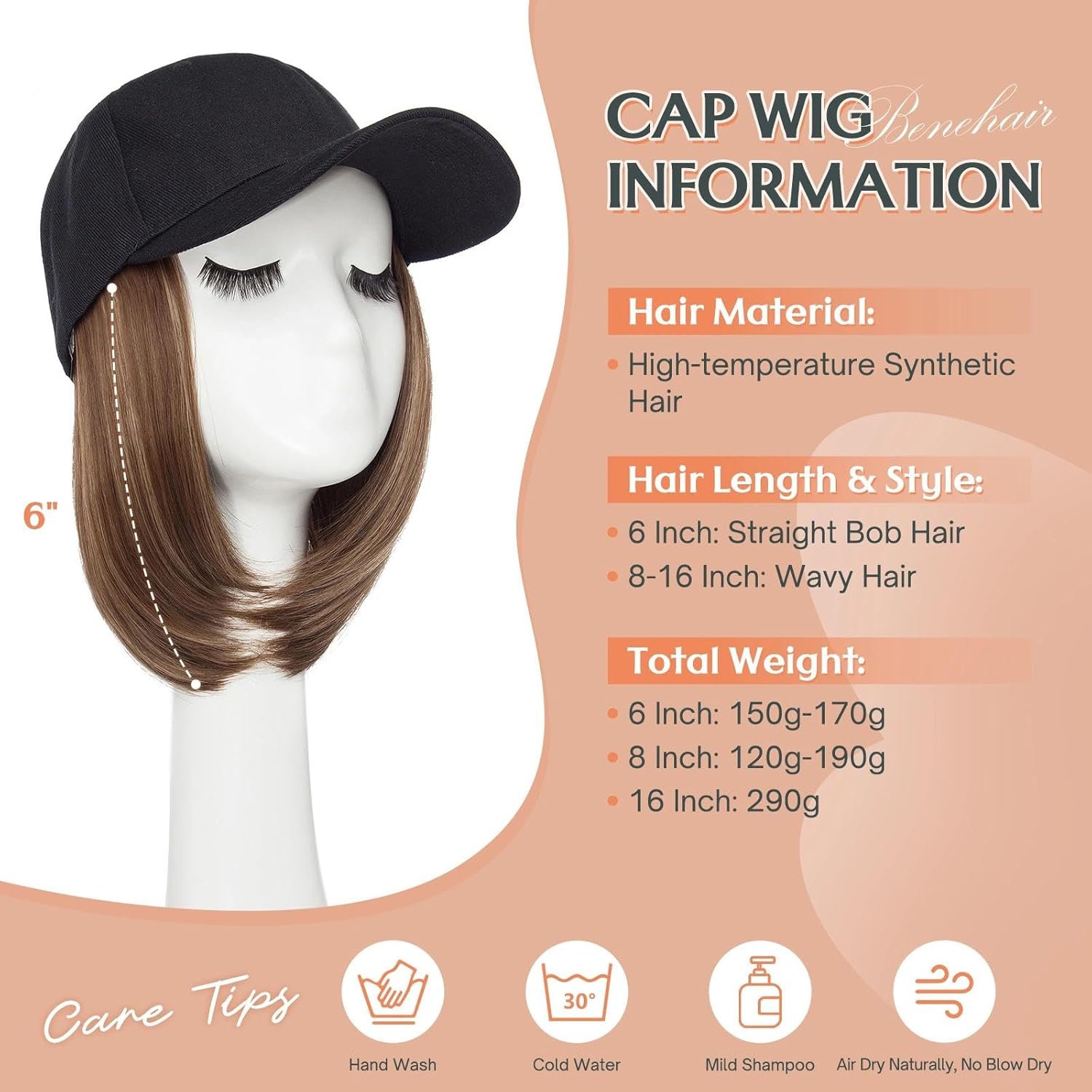 Benehair Hat Wig Extensions, Baseball Cap with Synthetic Hair Attached, Adjustable Wig Hairpieces for Women Daily Outdoor, 6 Inch Short Straight Bob Medium Brown Mix Dark Blonde Hair with Black Cap