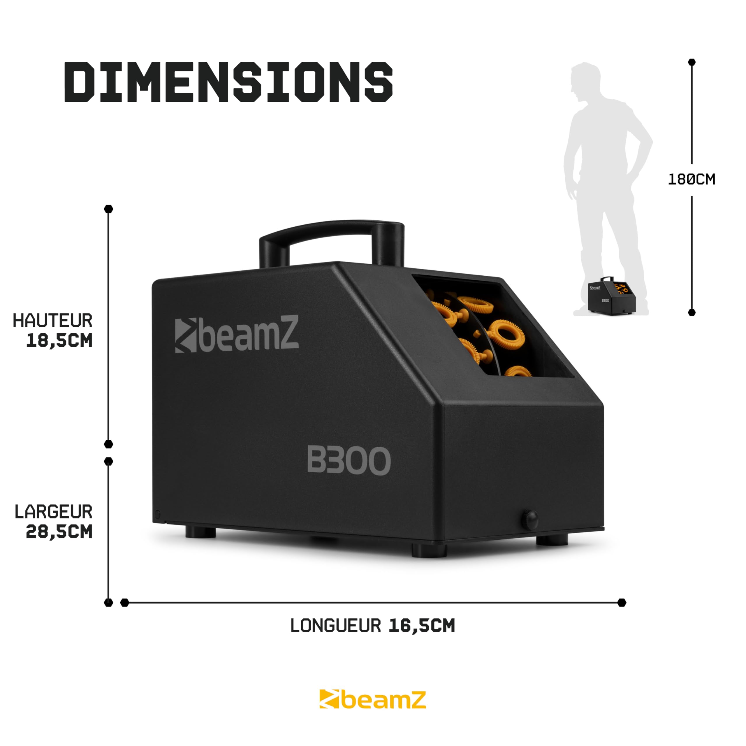 BeamZ B300 Pack Machine à Bulles Enfant/Mariage/Anniversaire avec 5L de Liquide - Double Roue, Facile à Transporter, Télécommande, Réservoir 700mL, Idéale pour Les Fêtes en Extérieur