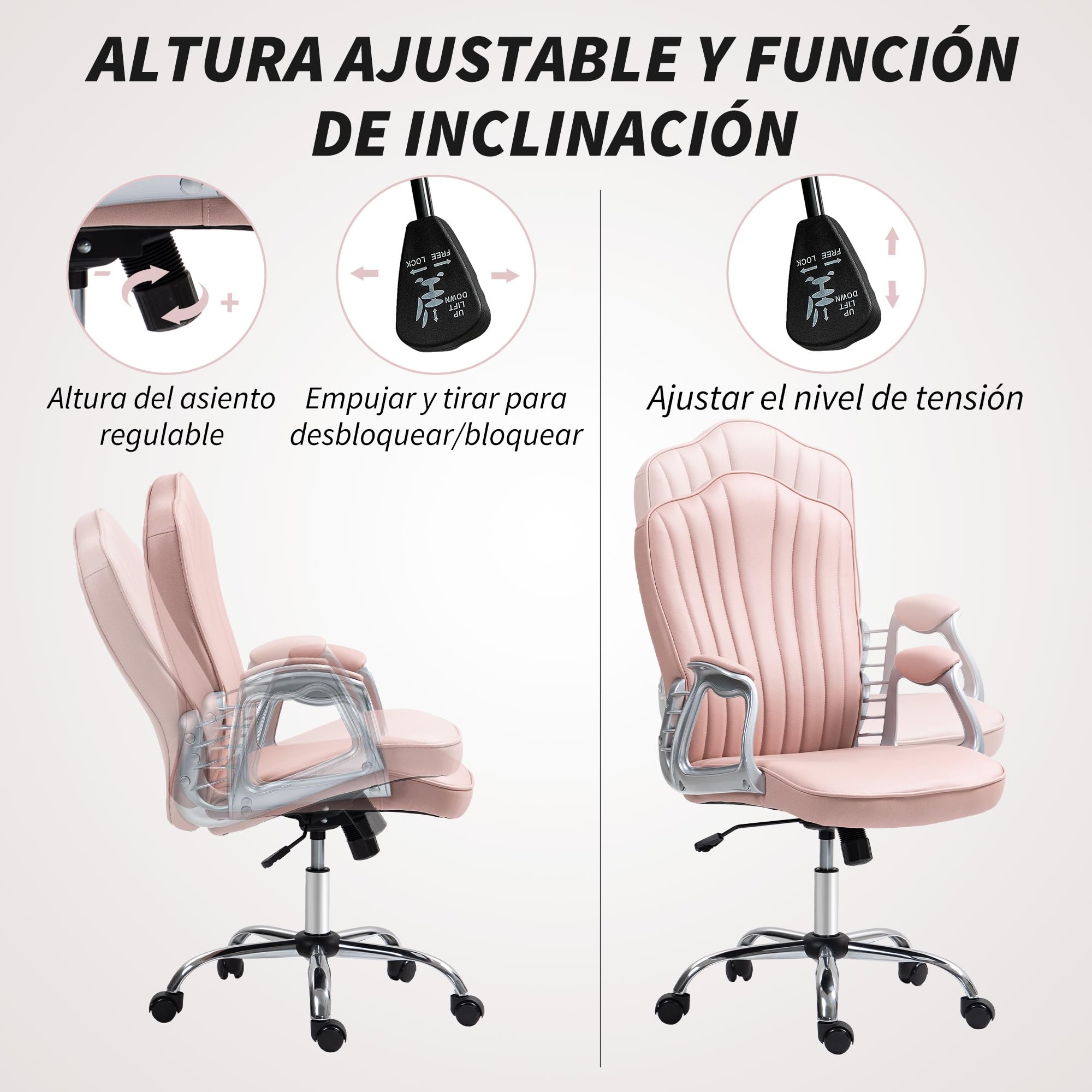 HOMCOM Silla de Oficina Silla de Escritorio Giratoria Reposabrazos Rosa | Altura Ajustable, Respaldo Curvado, Función de Basculante