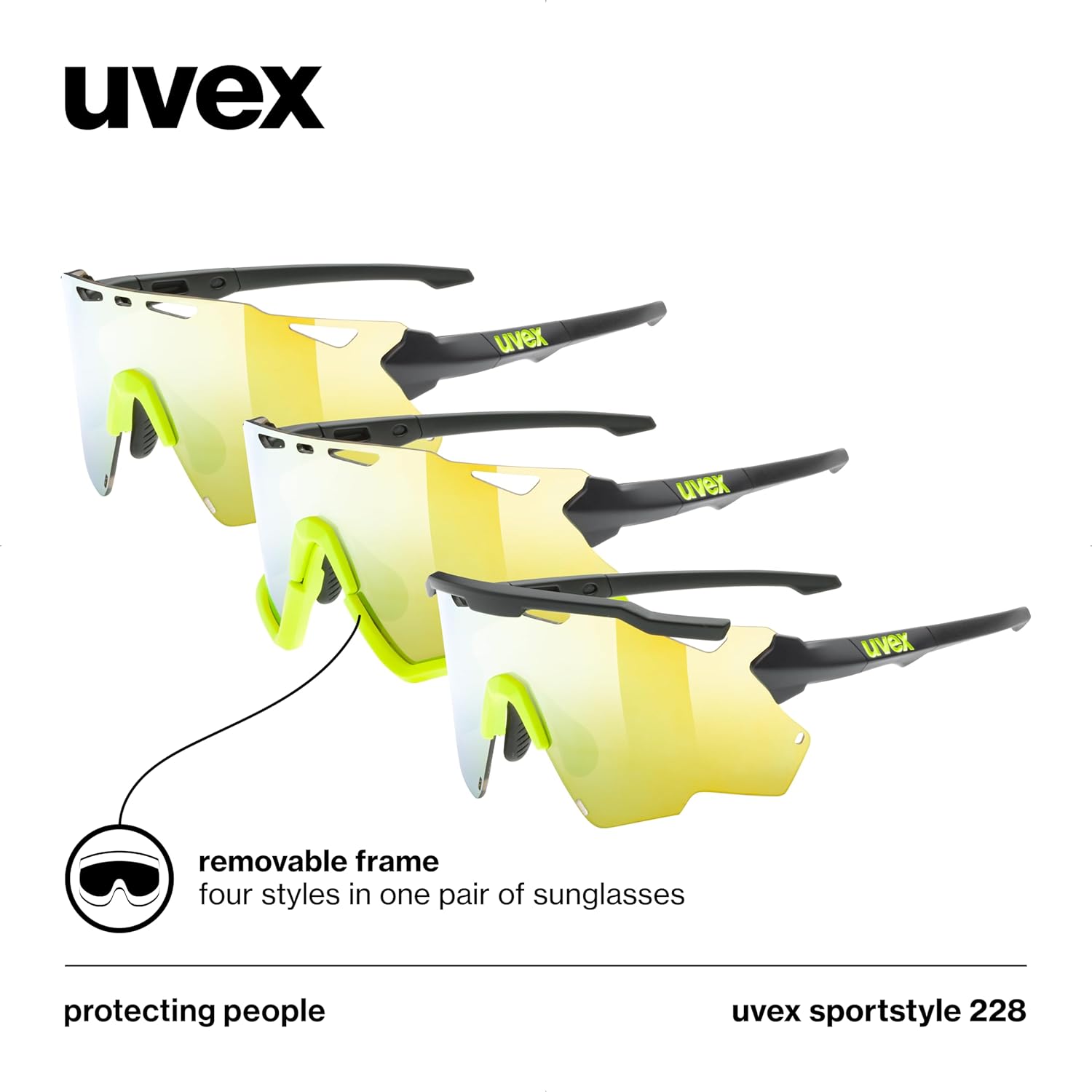 uvex Sportstyle 228 - Sports Sunglasses for Men and Women - Anti-Fog Technology - Removable Frame - Black Yellow Matt/Yellow - One Size