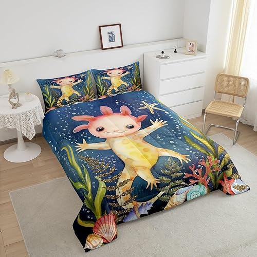 Miniatura 3 de Erosebridal Lindo juego de edredón de ajolote individual para niños y niñas, diseño de Salamanda de dibujos animados, 2 piezas, edredón con temática
