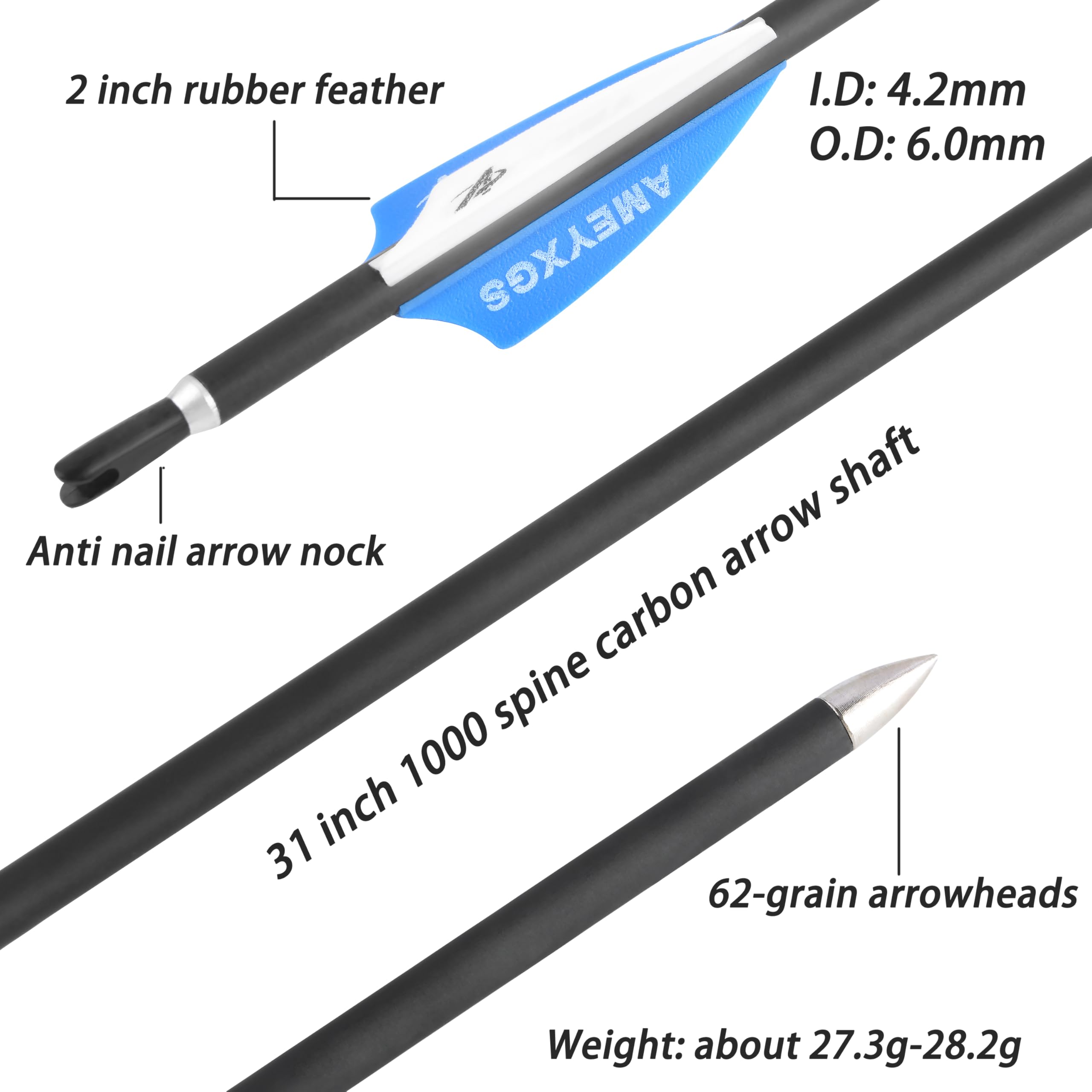 Flecha de Tiro con Arco de Carbono Flecha de Tiro de 30-32 Pulgadas Flechas de práctica de Tiro al Blanco de 1000 Spine para Arco Compuesto/Arco Curvo 6/12pcs