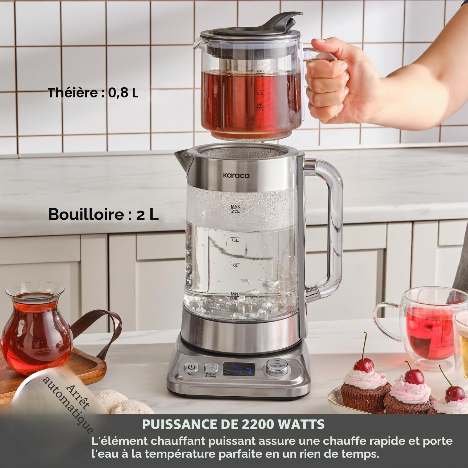 Karaca X Refika XL - Théière automatique et caydanlik - Bouilloire de 2 l et théière en verre de 0,8 l - Multi-température - Mode Eco - 2200 W - Pour famille et invités - Chromé