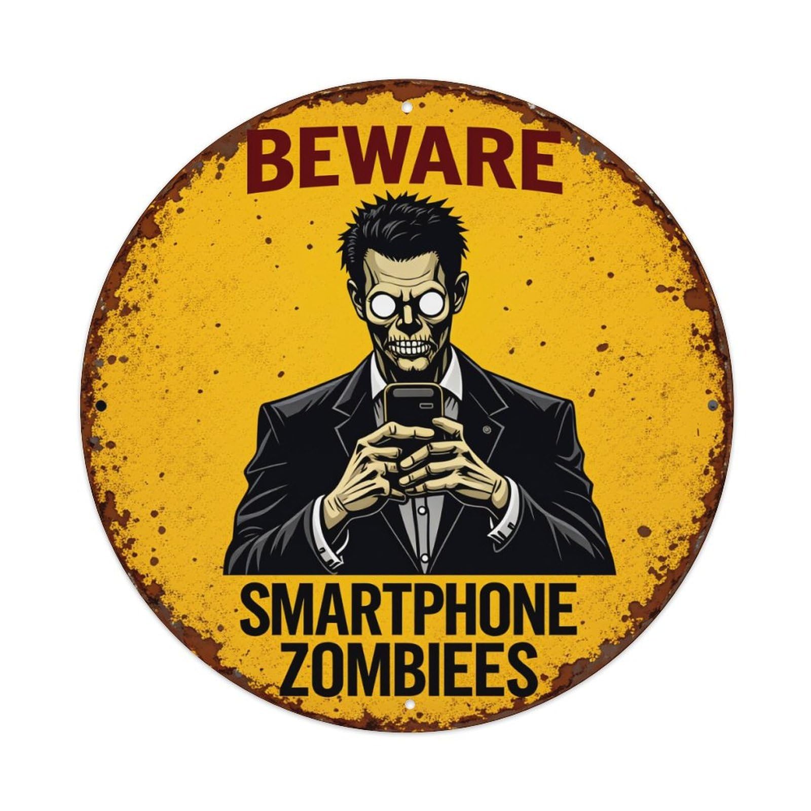 Beware Smartphone Zombies Warning Sign Round Tin Sign Vintage Metal Poster, Home Bar Garage Man Cave Cafe Indoor & Outdoor Wall Decoration 8x8Inches