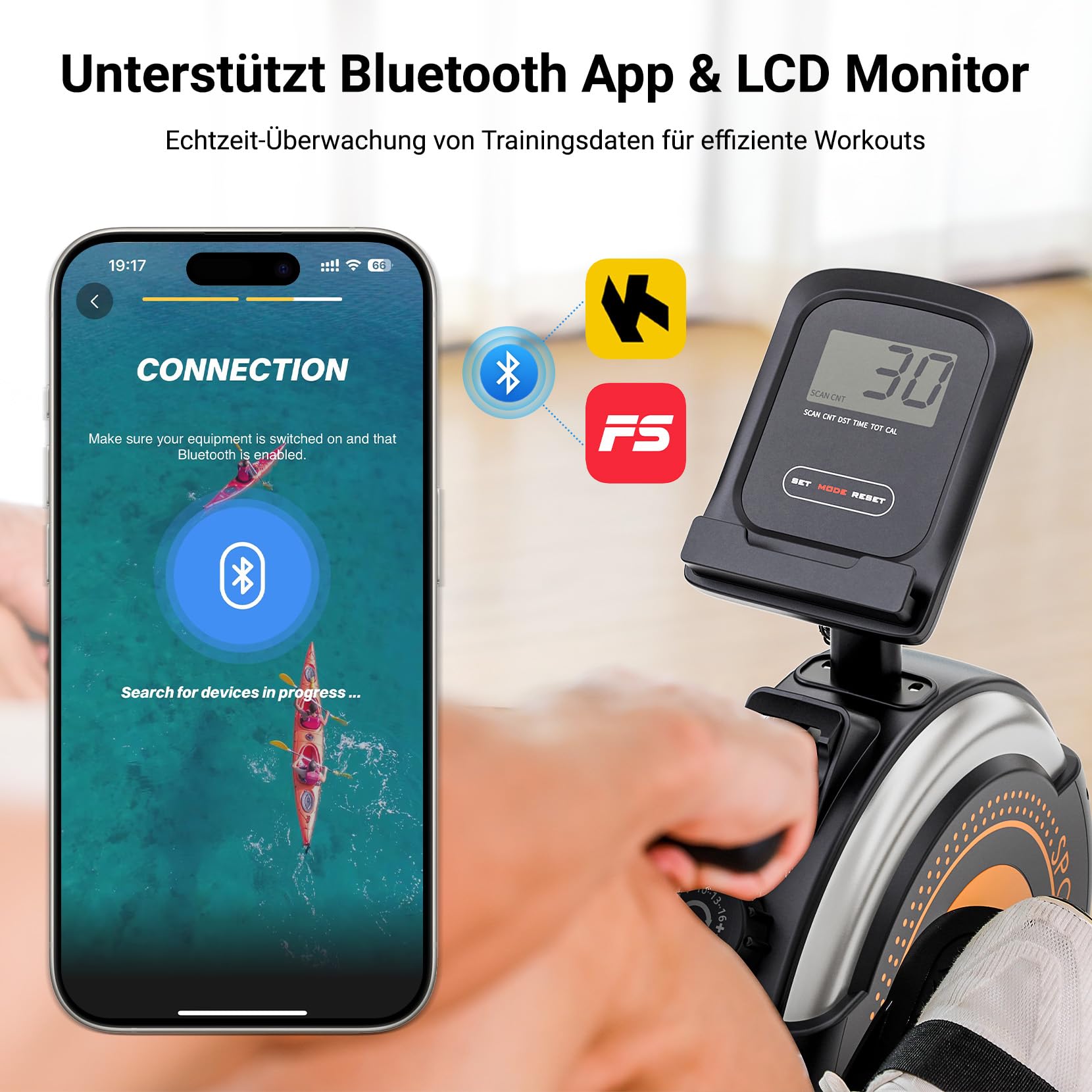Dripex Rudergerät für Zuhause, 16 Widerstandsstufen, Leises Magnetisches Rudergerät, Maximale Tragfähigkeit 160 KG, langlebige Gleitschiene, Bluetooth App unterstützt, LCD Monitor
