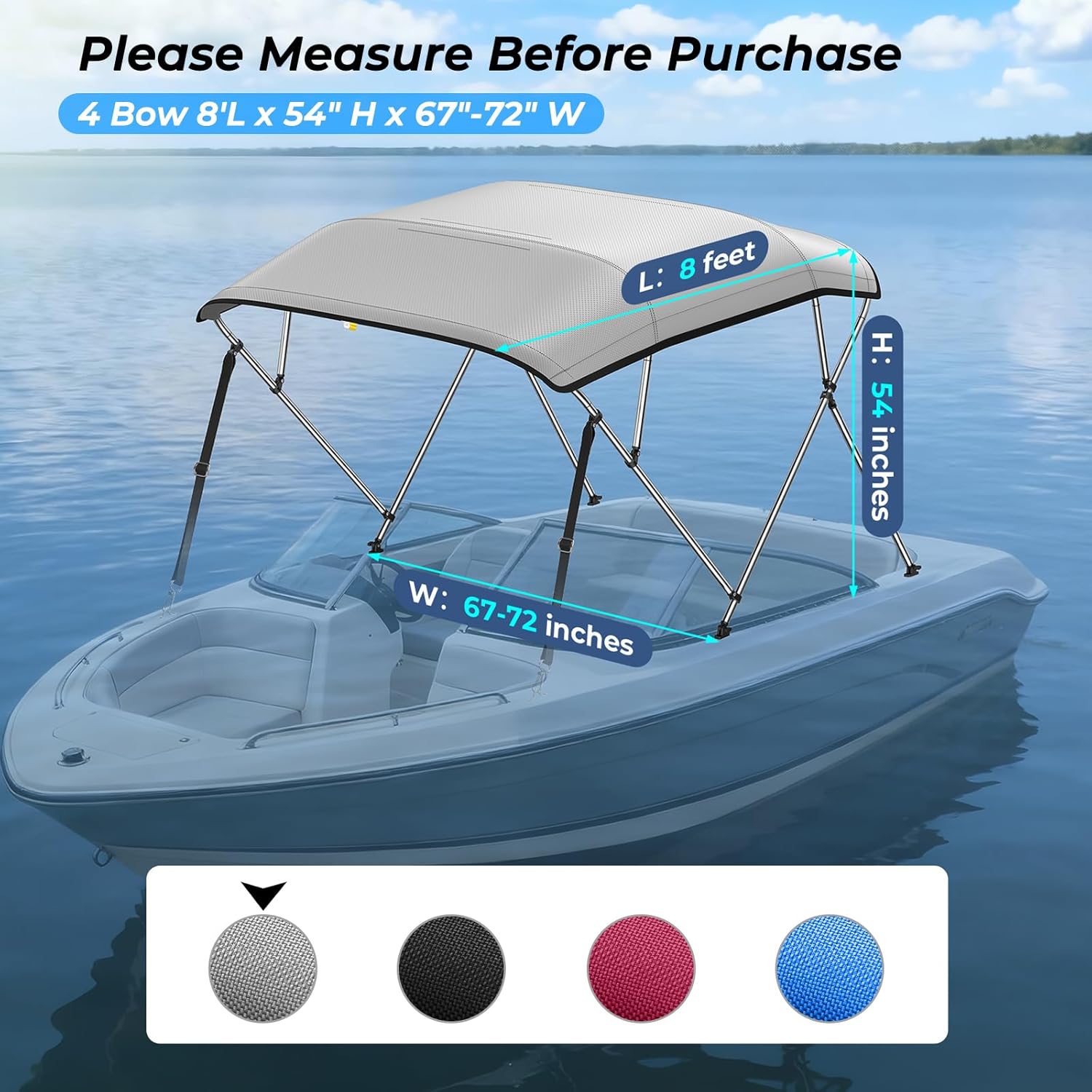 KAKIT 3 4 Bow Bimini Tops for Boats with 3 Mesh Sidewalls Rear Support Poles Boat Canopy Includes Straps Storage Boot, Dark Gray