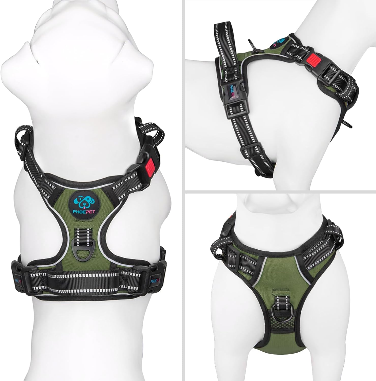 PHOEPET No Pull Dog Harness with Handle Front & Back Clip, Easy on Lockable Snap Buckle at Neck, Adjustable Reflective Vest with Handle for Small Medium Large Dogs (L, Misty Green)