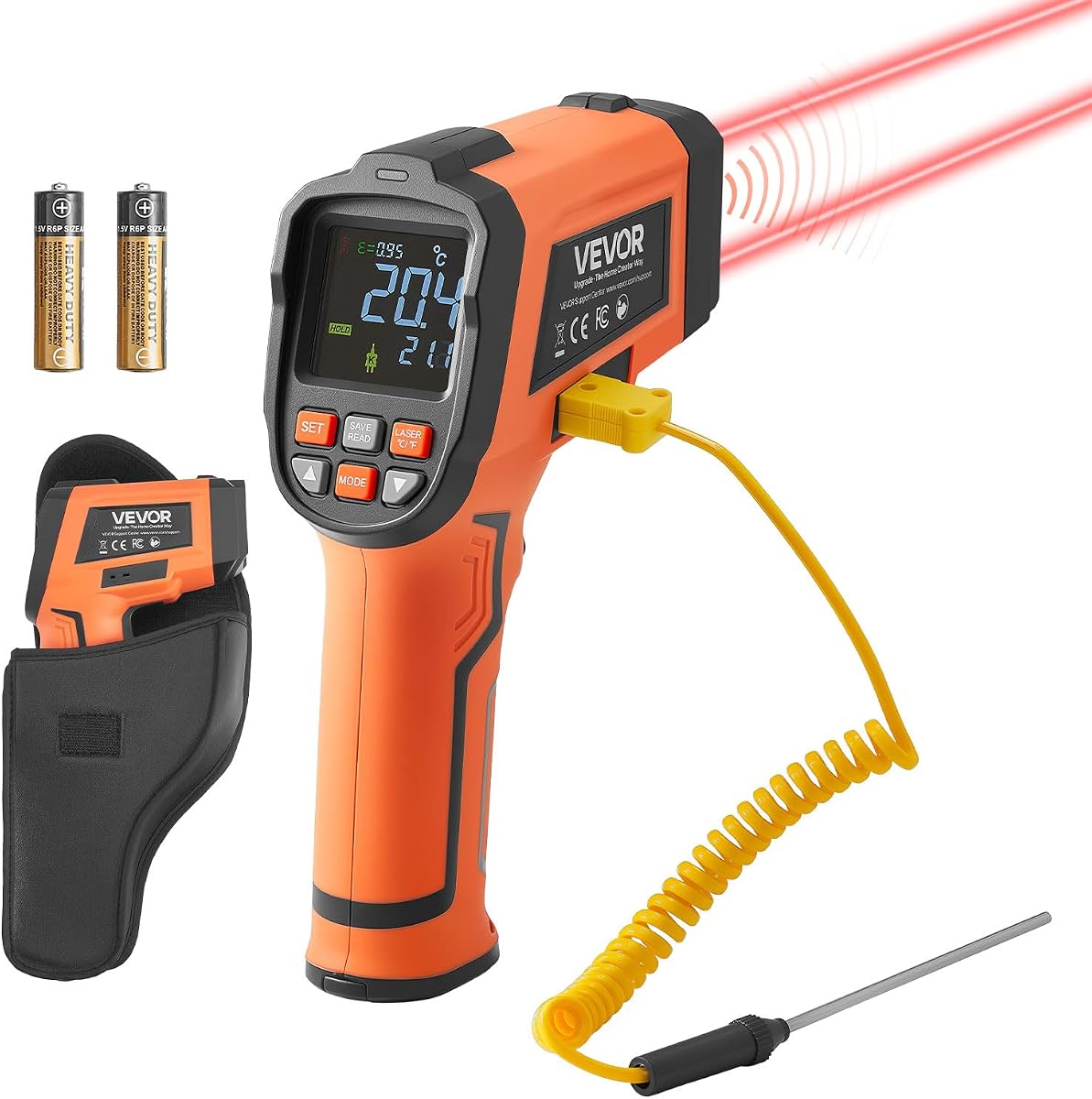 VEVOR Infrared Thermometer, -22℉ to 2912℉ Dual-Mode IR Thermometer Gun with K-Type Thermocouple, Dual Laser Heat Temperature Gun Non-Contact for Metal Smelting/Engine/Industry/Cooking (Not for Human)