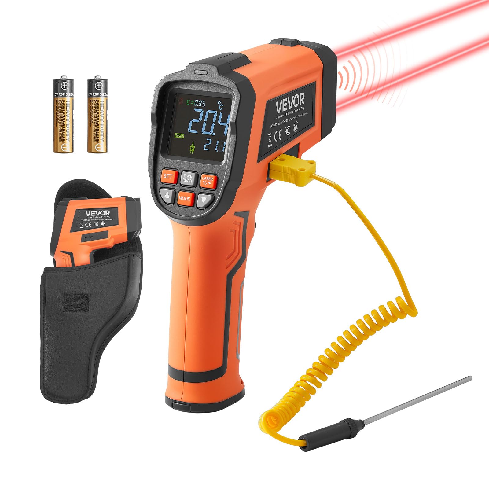VEVOR Termometro a Infrarossi da -30°C a 1200 °C, Pistola Termica IR Senza Contatto con Doppio Modalità, Termometro Visivo Senza Contatto con Display, Termocoppia Tipo K, Doppio Laser, Uso Industriale
