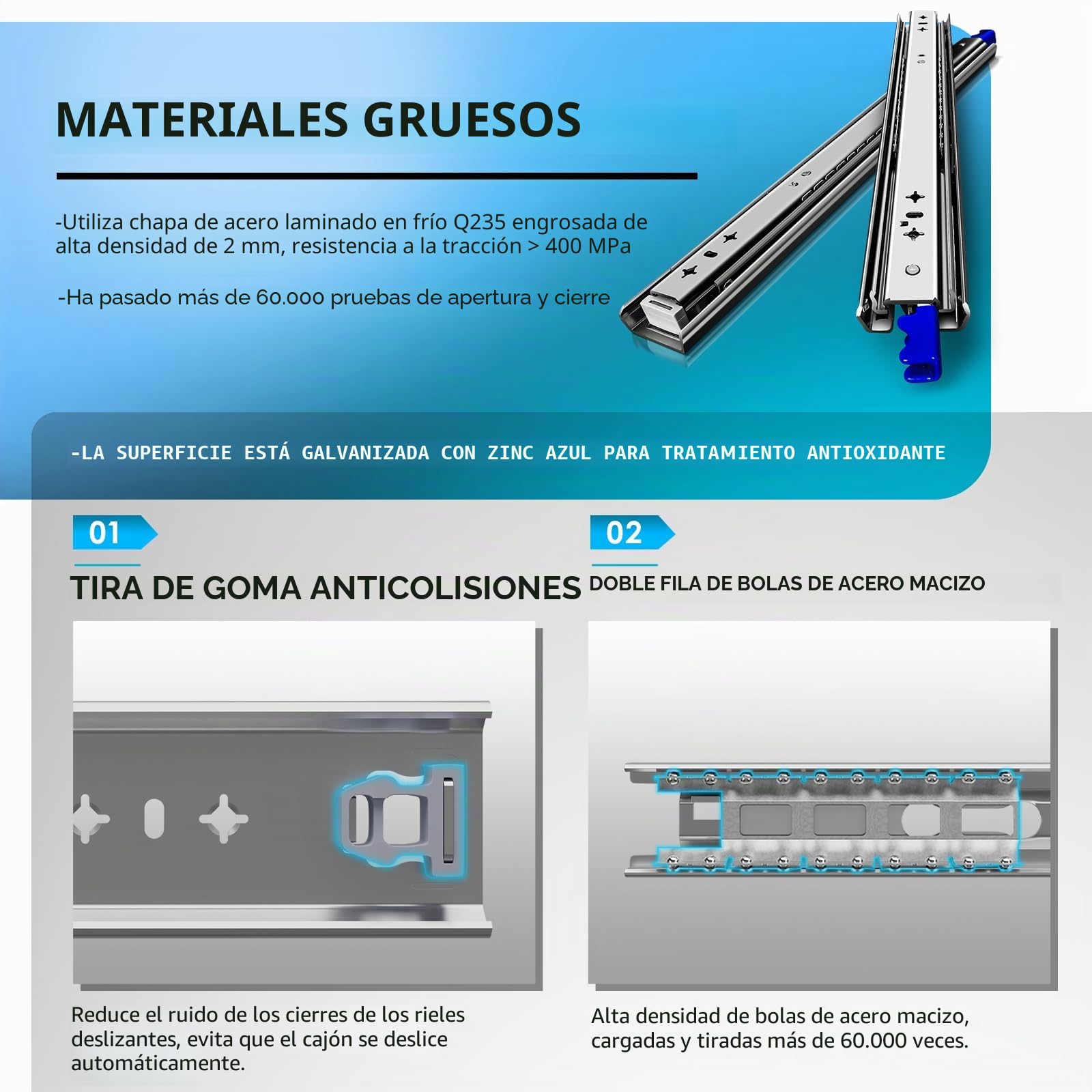 AOLISHENG Guias Correderas Para Cajones Con Freno 500mm Extensión Completa Para Trabajo Pesado Rieles Para Cajones 120 KG Capacidad Carga con cerradura 1 par (2 piezas)