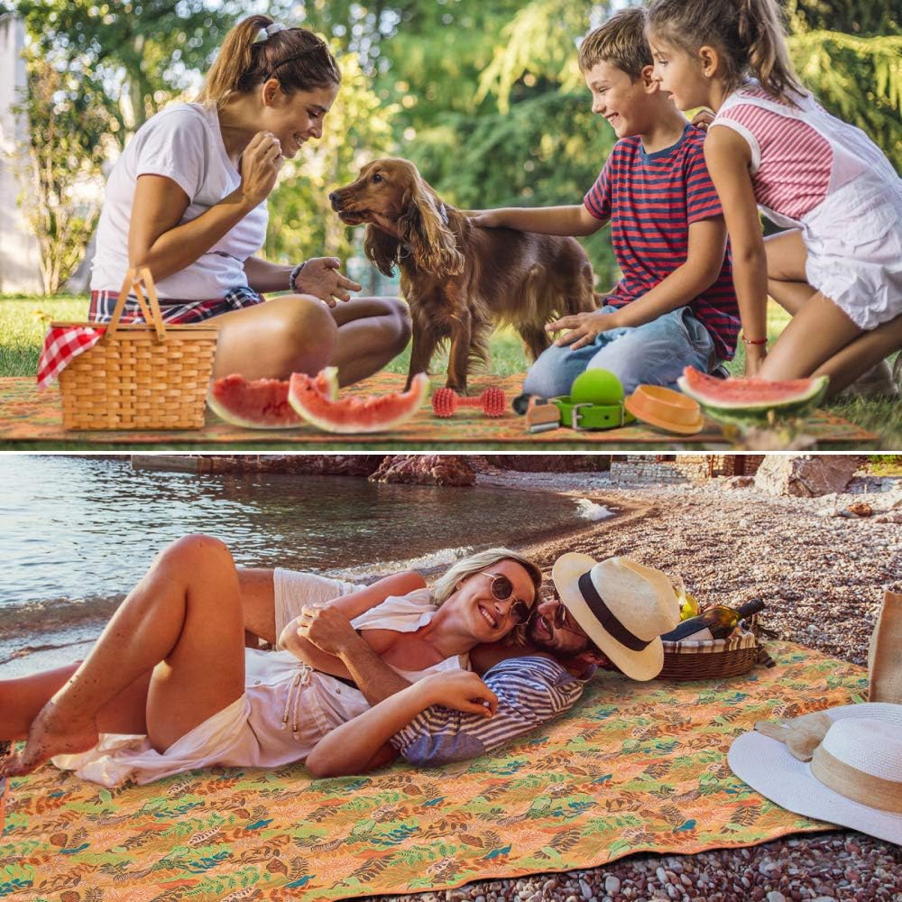 Both Sides Waterproof Picnic Blanket, Tolaccea 78"x 58" Large Sand-Proof Beach Blanket, 3 Layers Quilted Picnic Mat, Portable Machine Washable Foldable Blanket for Camping, Beach, Park(Yellow)