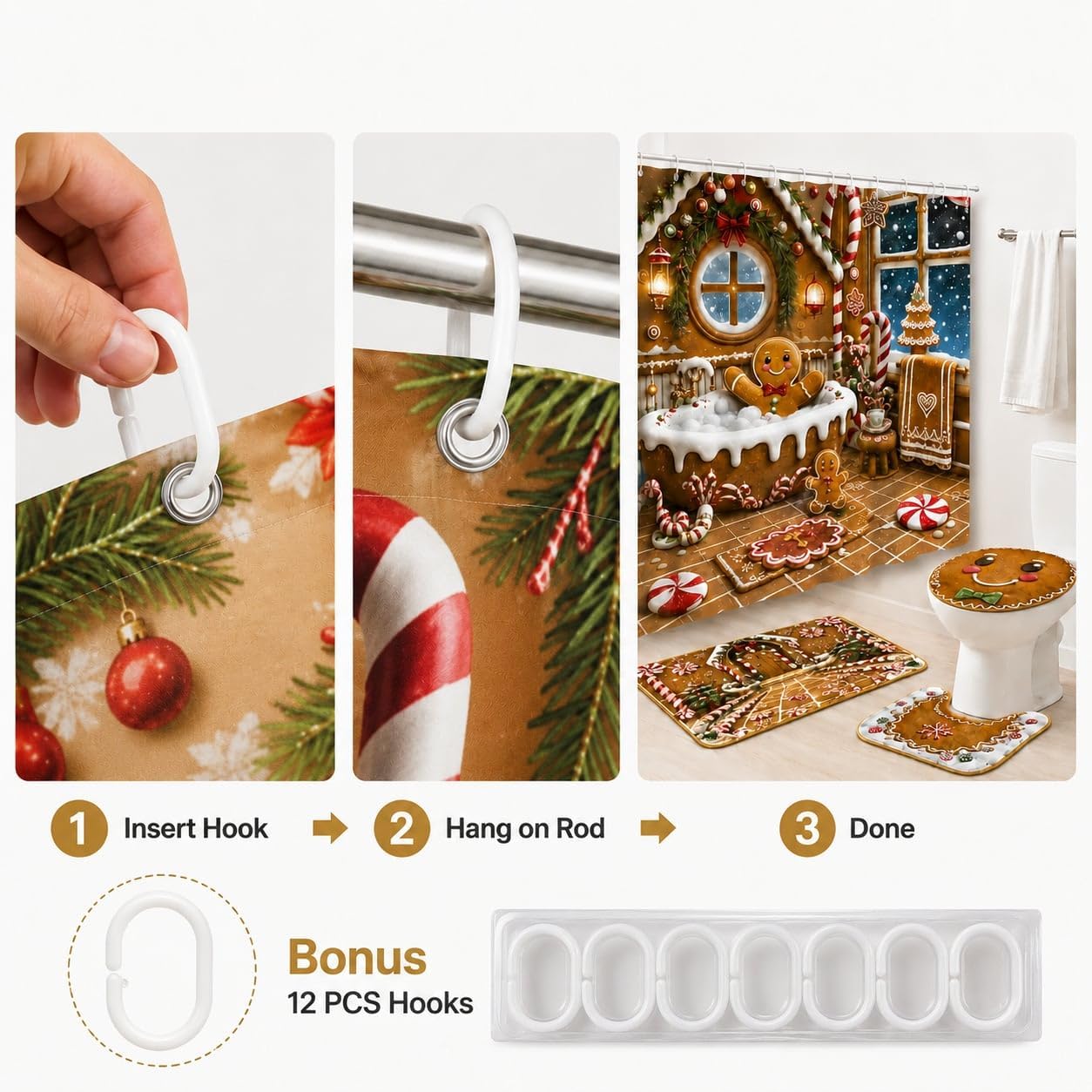 Christmas Gingerbread Man Shower Curtain Set, Christmas Bathroom Decor