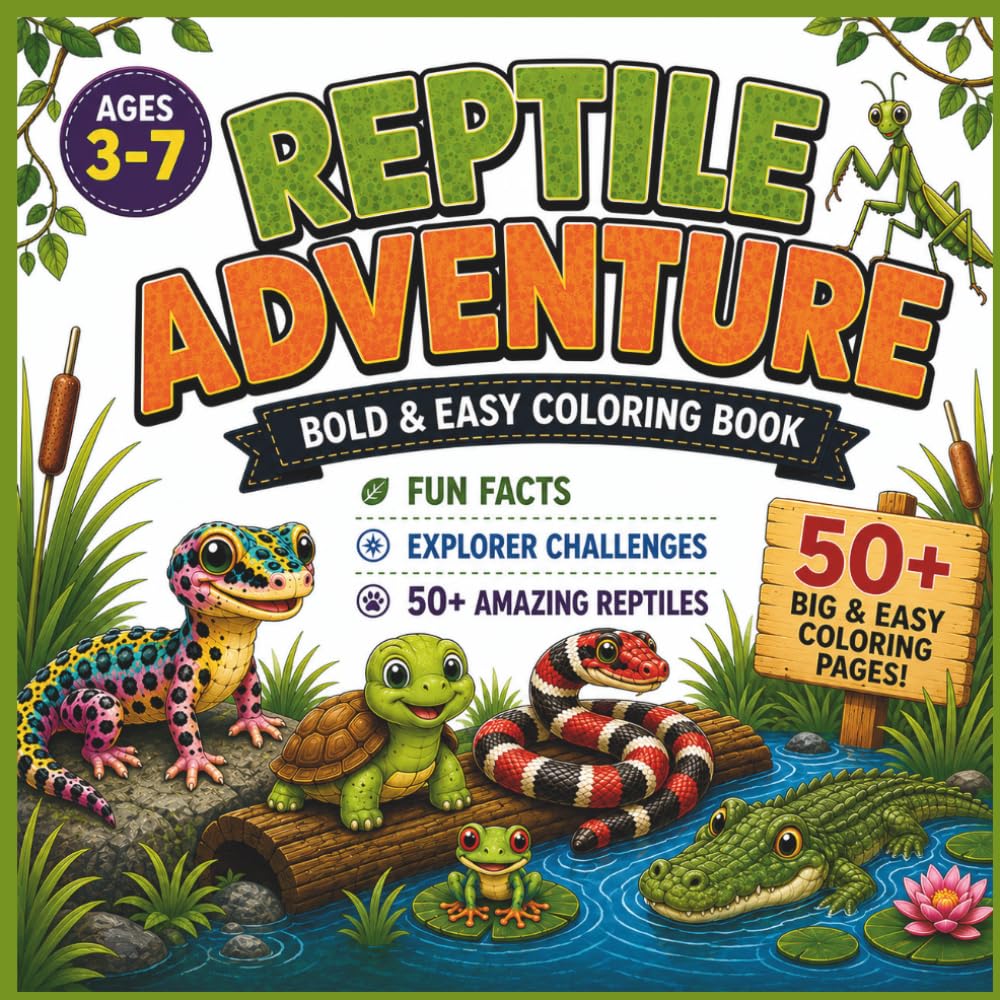 Reptile Adventure: Bold and Easy Coloring Book