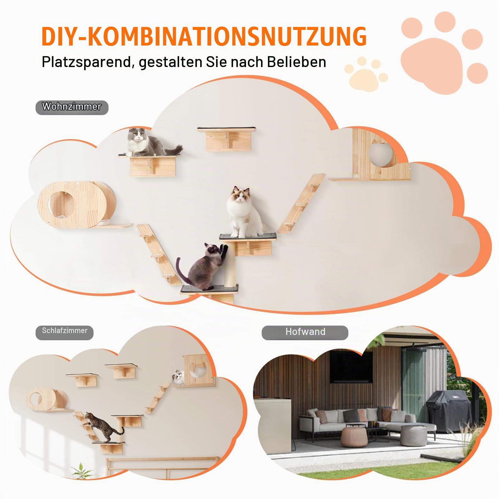 VEVOR Kletterwand, Katzenwandregale und Sitzstangen mit Sprungbrettern, Katzenbetten, Hängematten und Katzenbaum, Katzenmöbel und Regale bis zu 18 kg zum Schlafen, Spielen, Klettern, 7er-Set