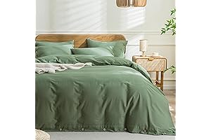 Queen Size Duvet Cover Set: Green Washed Cotton Linen Like Textured Comforter Cover