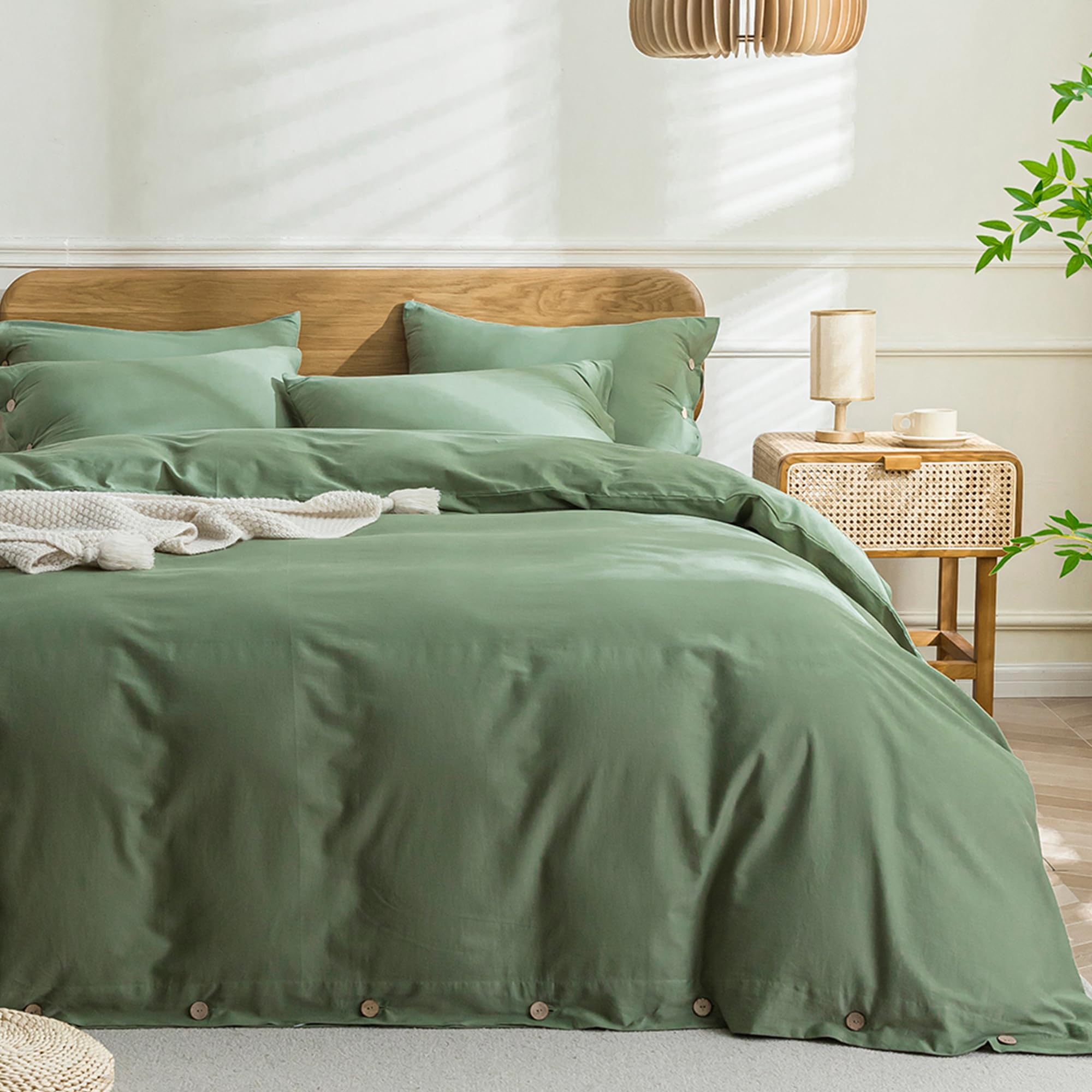 JELLYMONI Cotton Duvet Cover Twin Size - Green Comforter Cover with Button 100% Washed Cotton 2PCS Breathable Soft Solid Bedding Set Duvet Cover 68×90in & 1 Pillowcase (NO Comforter)OEKO-TEX STANDARD 100