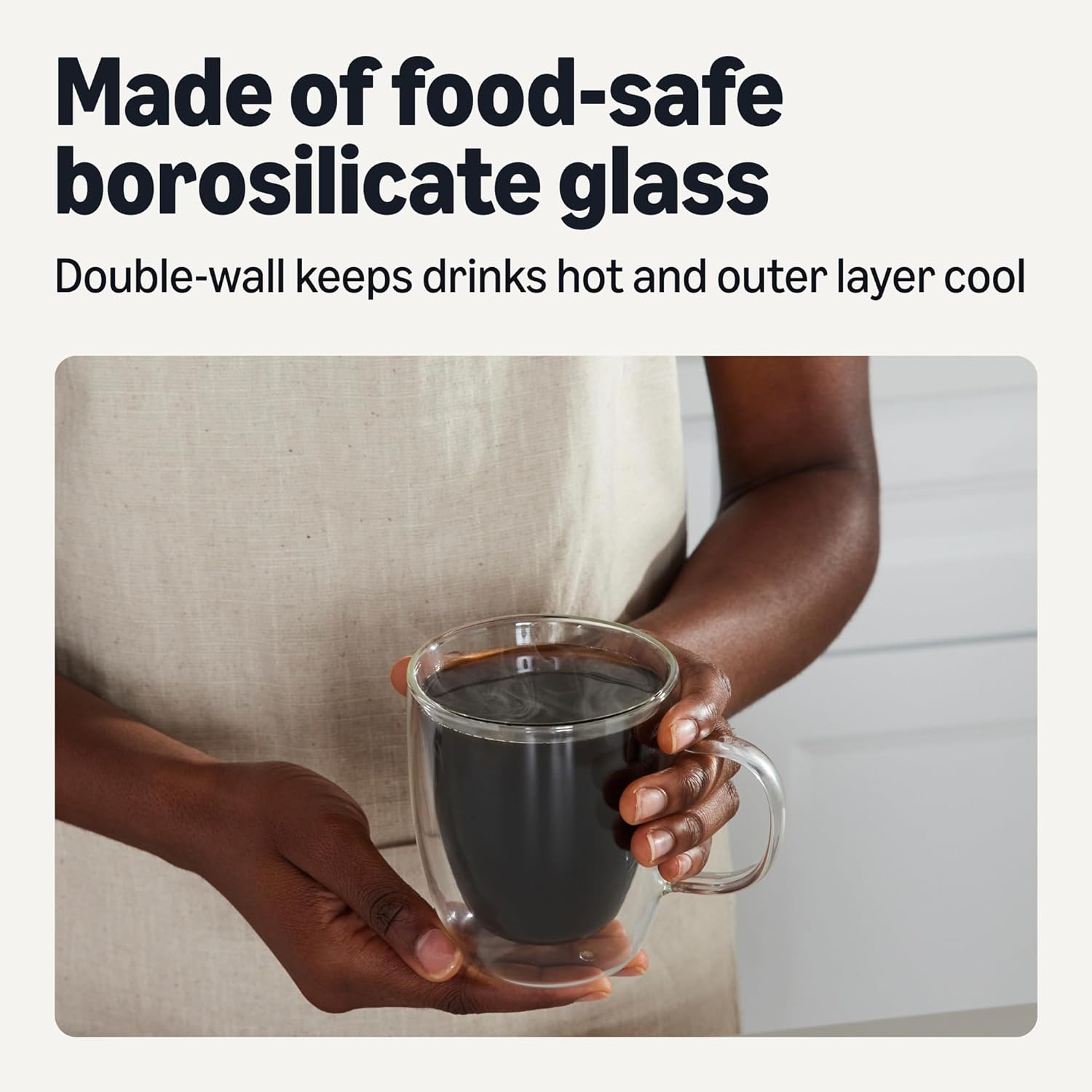 Amazon Basics Double Walled Glass Coffee Mugs, 4-Piece Set, 12 oz., Dishwasher-Safe
