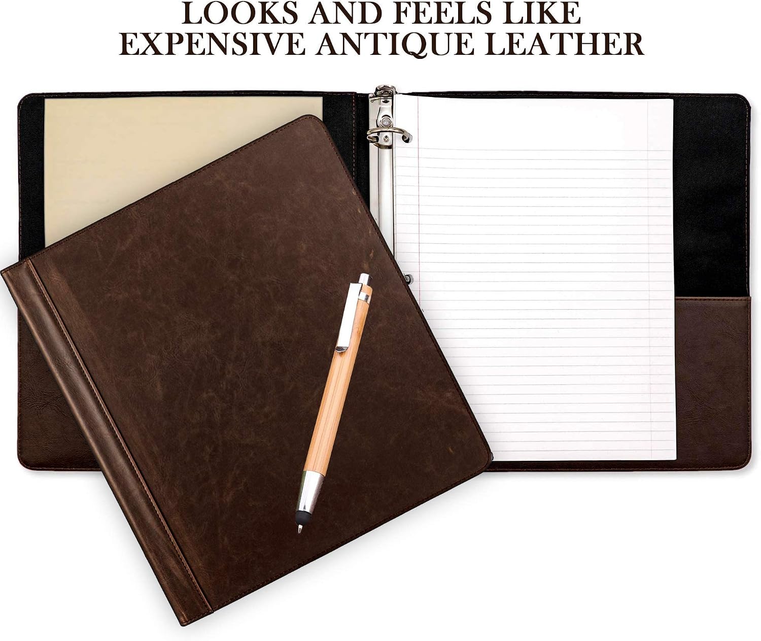 Lee Vintage Professional 3 Ring Binder Organizer, 1.5-inch Round Rings, 8.5" x 11" Sheet Size, 2 Inner Pockets, Appearance of Antique Brown Leather, Pen Included