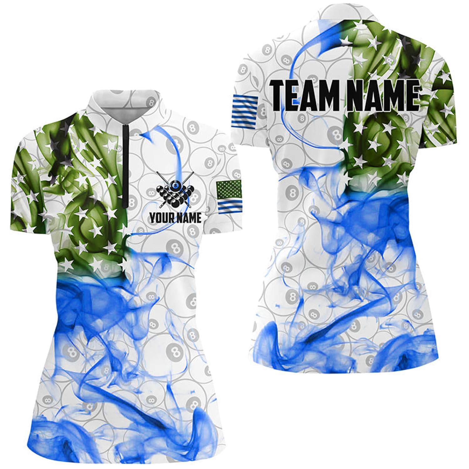 Personalized Vintage Smoke US Flag Billiard Quarter Zip Shirts for Women White 8 Ball Pool Jerseys V1013