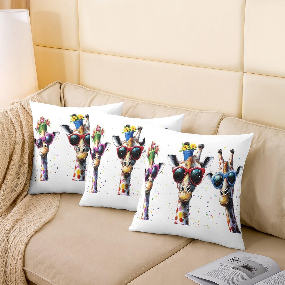 jejeloiu Cute Giraffe Throw Pillow Covers 16 x 16-Inch Kids Zoo Animal Floral Square Cushion Covers Set of 4 Boys Girls Cartoon Animal Pillow Cases Wildlife Throw Pillowcases for Sofa Couch Chair