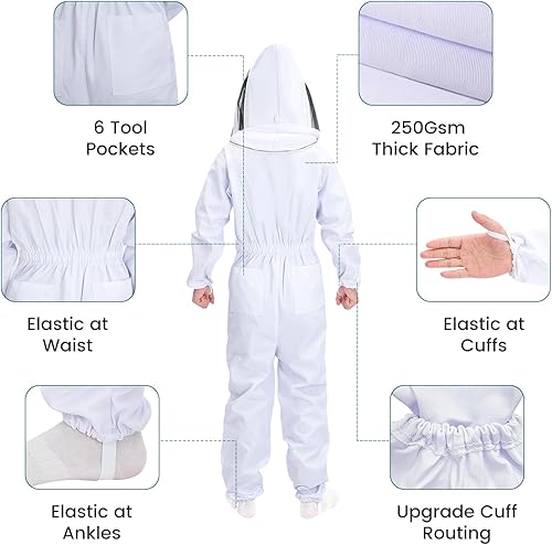 Miniatura 3 de Trajes de abeja para hombres y mujeres, trajes de apicultor con guantes y 2 capucha de velo a prueba de picaduras, traje de apicultura de cuerpo