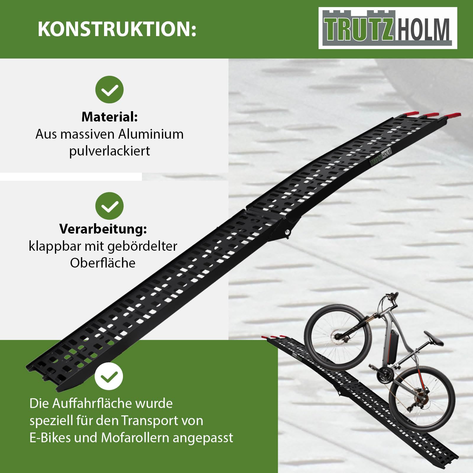 TRUTZHOLM Auffahrrampe klappbar Länge 228 cm Traglast 340 je Stück Motorradrampe Aluminium gelochte rutschfeste Lauffläche gummierte Auflage Verladerampe für Motorräder Roller E-Bike schwarz (1)