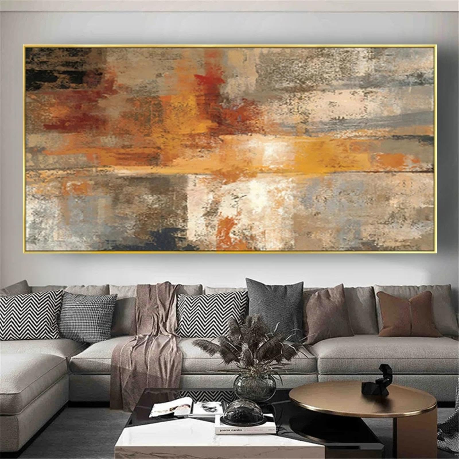 Pintura al óleo sobre lienzo de color cálido abstracto, cuadro de pared grande simple, arte gris beige sobre lienzo para decoración de la sala de estar del hogar, 55x115cm/22x45in sin marco
