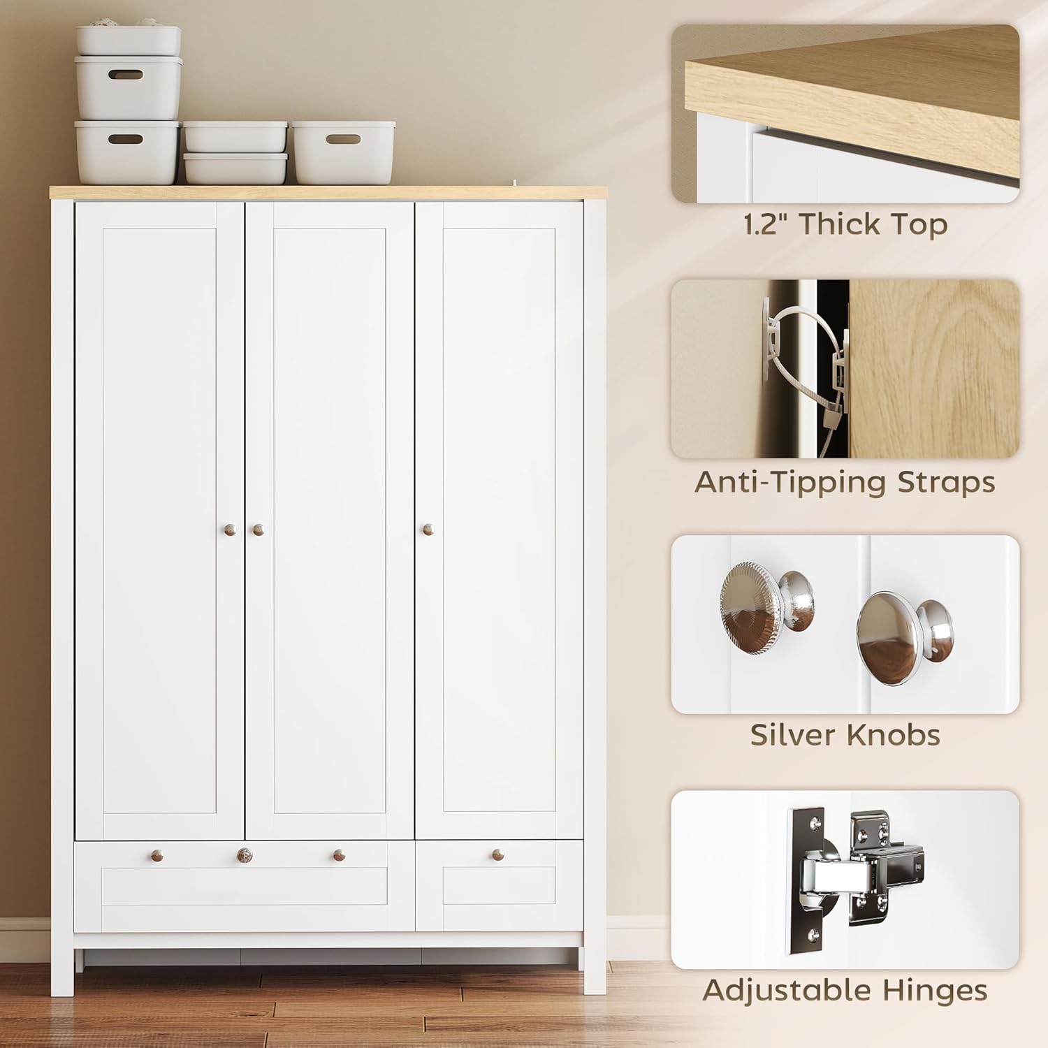 Close-up images highlighting the 1.2 inch thick top, anti-tipping straps, silver knobs, and adjustable hinges of the wardrobe.