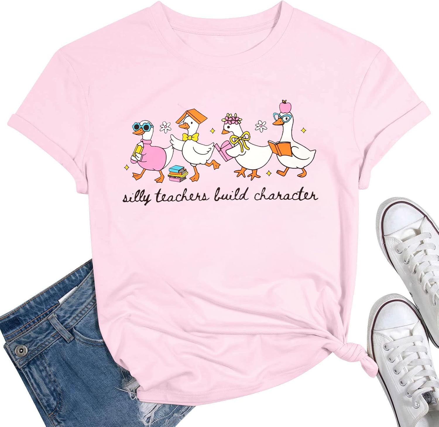 Teacher Shirts for Women: Silly Teachers Build Character Shirt Teach Graphic Tee Summer Inspirational Teaching Tee Tops