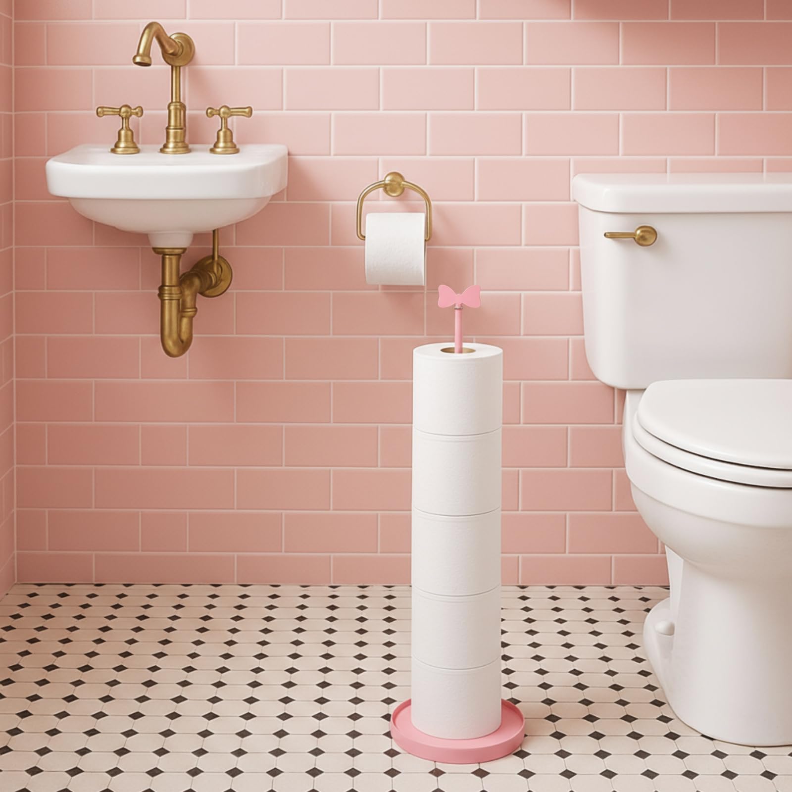 Sawysine Pink Bow Toilet Paper Holder Freestanding Bathroom Decoration — Amazon image 6