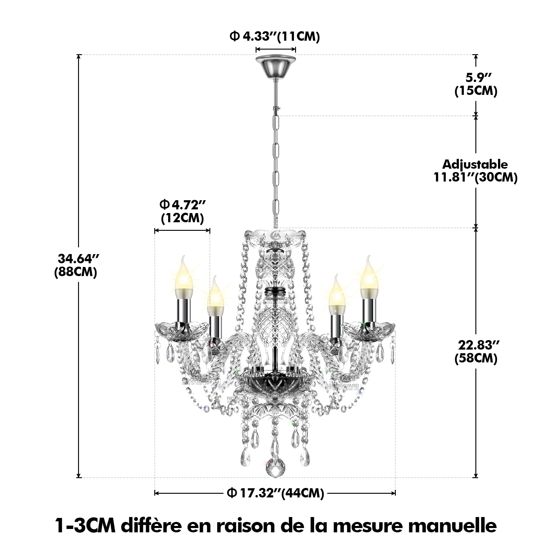 Ridgeyard Lámpara de araña transparente de 4 brazos con forma de gota de lluvia de cristal, lámpara colgante de techo para comedor, sala de estar, dormitorio, pasillo, compatible con bombillas E12