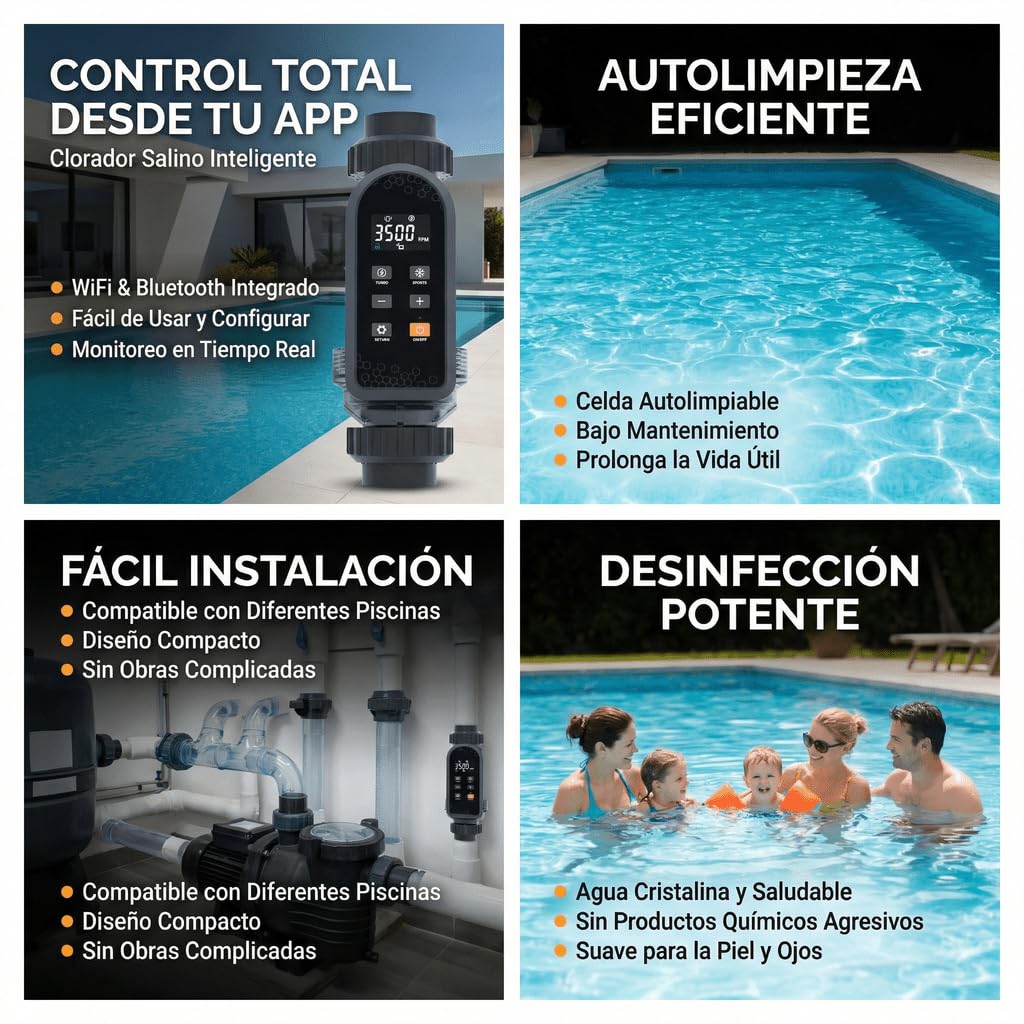 Nix Pool Clorador Salino para Piscinas con WiFi, Control por App, Desinfección de Piscinas por Electrólisis Salina, Control de pH (LC250A - 25 gr/h)