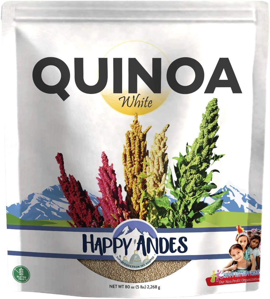 Happy Andes White Quinoa 5 lbs - Gluten-Free, Whole Grain Natural Quinoa - Ready to Cook Food - Healthy Meal with Vitamins and Protein - 100% Peruvian, 5 Pound (Pack of 1) , 80 Ounce