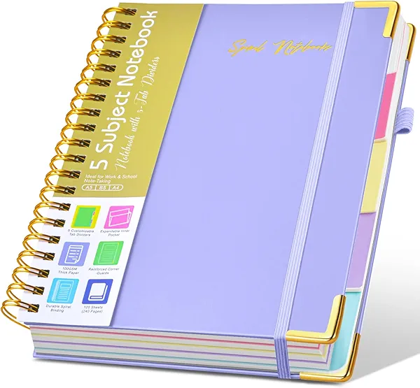 Hardcover Spiral Notebooks for Work, 5 Subject Notebook College Ruled with Dividers Tabs, Lined Organizer Notebook Journal for Women, 240 Pages Small A5 Notebooks for School Note Taking, 5x7 Purple