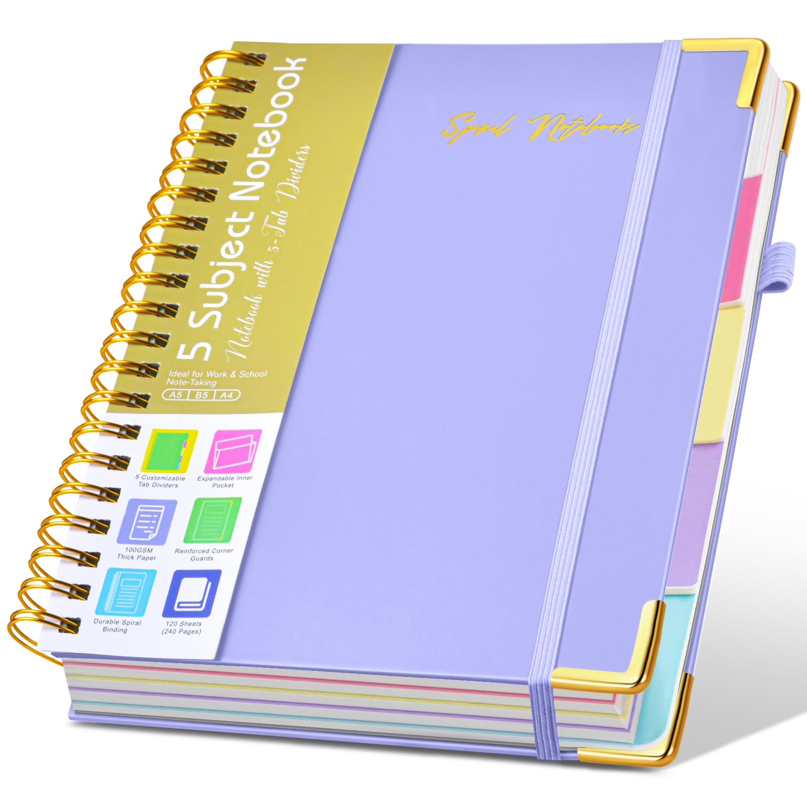 Hardcover Spiral Notebooks for Work, 5 Subject Notebook College Ruled with Dividers Tabs, Lined Organizer Notebook Journal for Women, 240 Pages Small A5 Notebooks for School Note Taking, 5x7 Purple