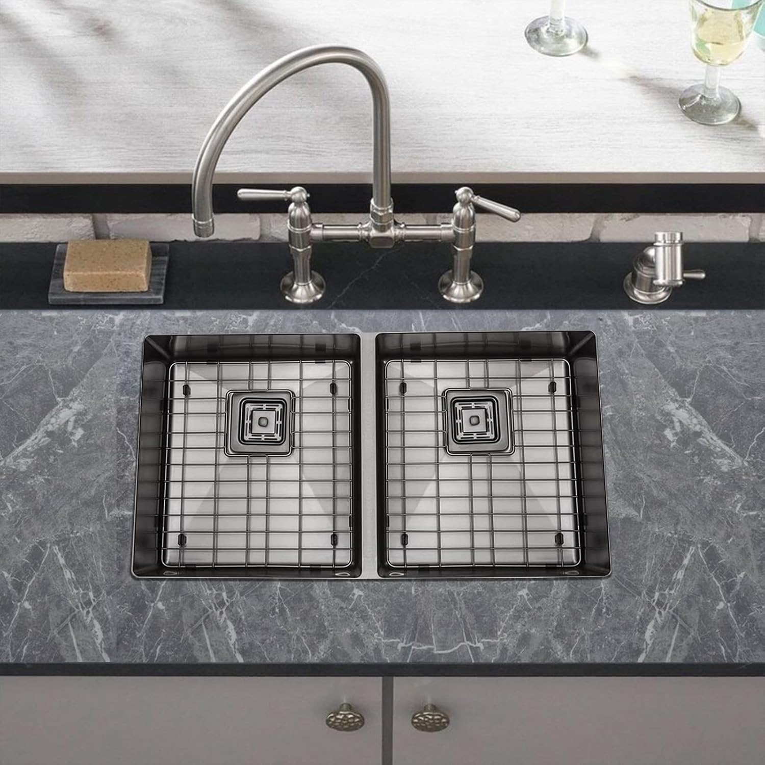 Strictly Sinks 32 Inch Undermount Double Bowl Kitchen Sink – Black Kitchen Sink Designer Shelf Accessory 16 Gauge Stainless Steel – With Bottom Grid, 1 Disposal Adapter and 2 Strainer Drains
