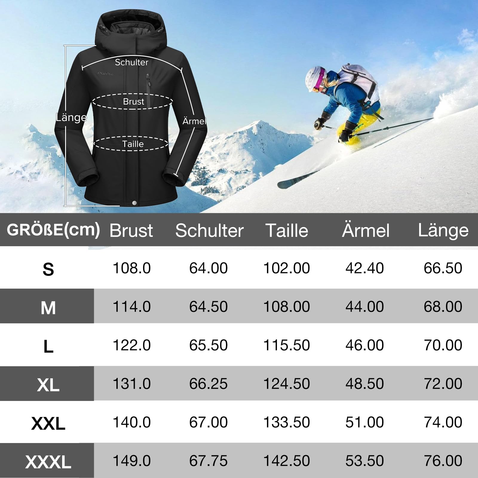 OutPro Veste de ski pour femme avec veste de pluie imperméable, coupe-vent, chaude, veste d'hiver à capuche amovible, avec poches zippées, convient pour les activités de plein air, le ski
