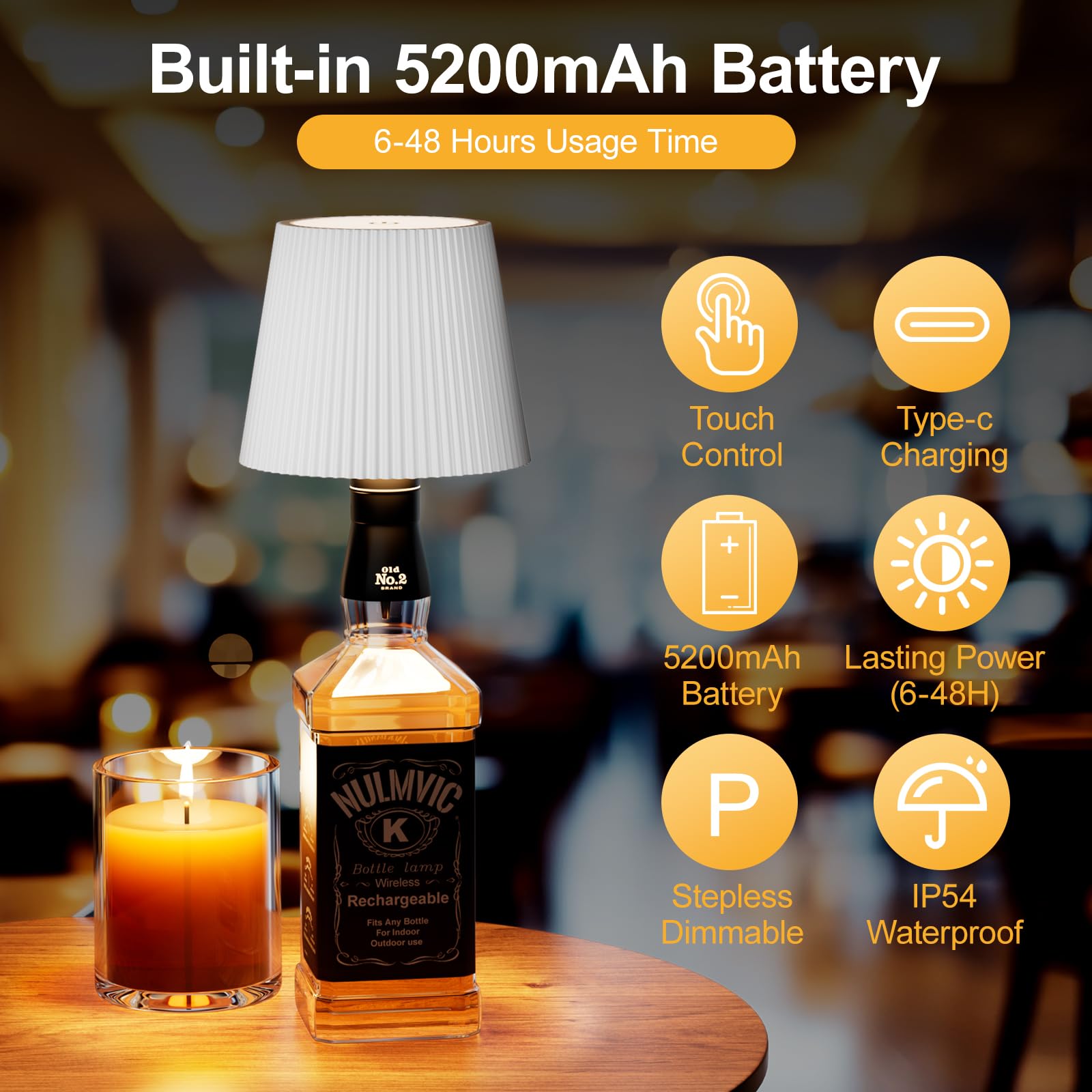 Nulmvic Lampada per Bottiglia LED Ricaricabile - 5200mAh Lampada da Tavolo Senza Fili Dimmerabile 3 Colori - IP54 Impermeabile Comando a Tocco per Interno Esterno Famiglia Ristorante Bar (Bianco)