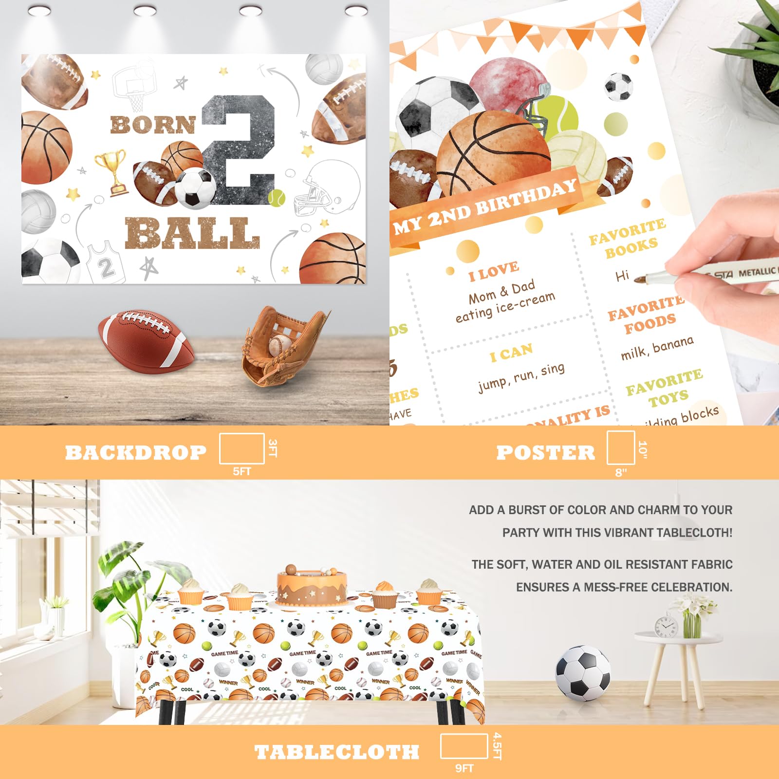 Born 2 Ball 2nd Birthday Decorations Kit - Orange & Black Basketball Theme With Banner, Balloons & Cake Toppers