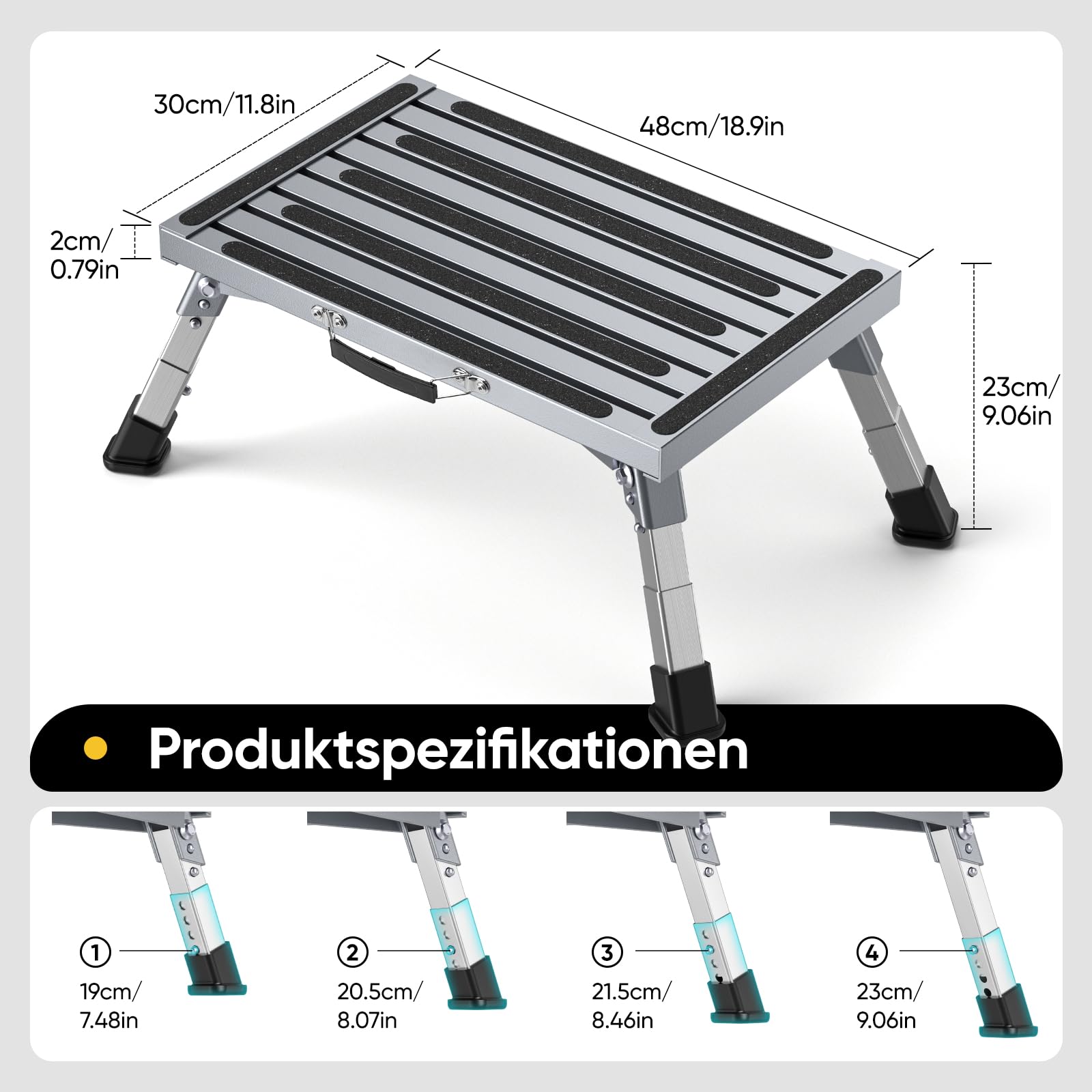 Klapptritt Trittstufe mit Griff, 4-stufige Höhenverstellbarer Tritthocker, 350kg Belastung und Anti-Rutsch, für Wohnmobile, Garten, Camping